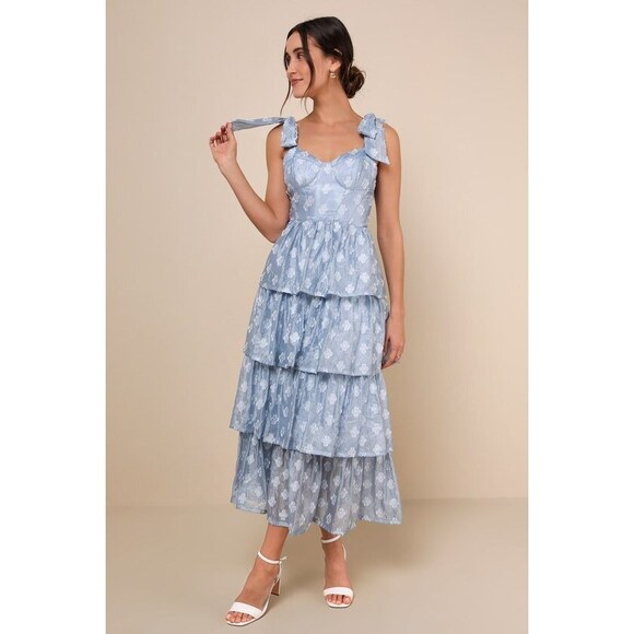 Lulus Dresses & Skirts - Lulus Gorgeous Excellence Light Blue Floral Burnout Tiered Midi Dress - XS. New